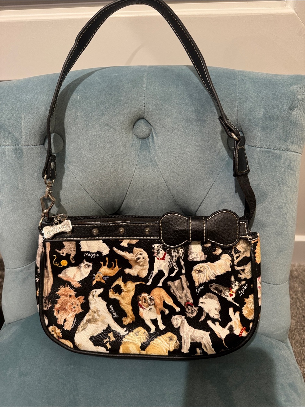 Sydney Love Black Dog Print Shoulder Bag with Bow Accent